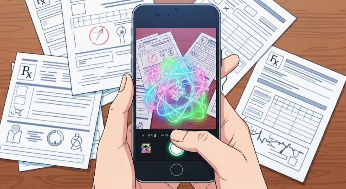 스마트폰 카메라로 테이블 위의 병원 서류를 촬영하여 메리츠화재 앱으로 업로드하는 손동작 클로즈업