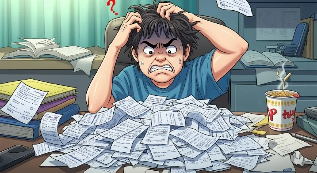 책상 위에 수북이 쌓인 병원 진료비 영수증과 보험 서류를 보며 머리를 싸매고 고민하는 사람의 모습