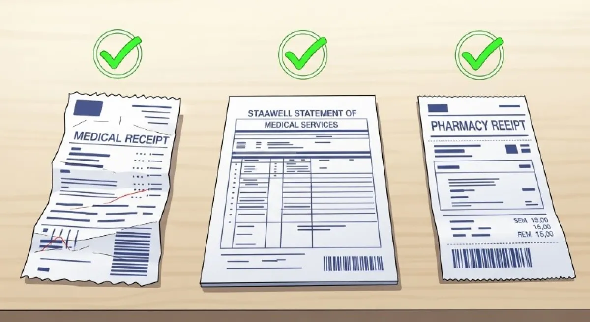 진료비 영수증, 진료비 세부 내역서, 약제비 영수증이 나란히 놓여 있고 체크 표시가 된 인포그래픽