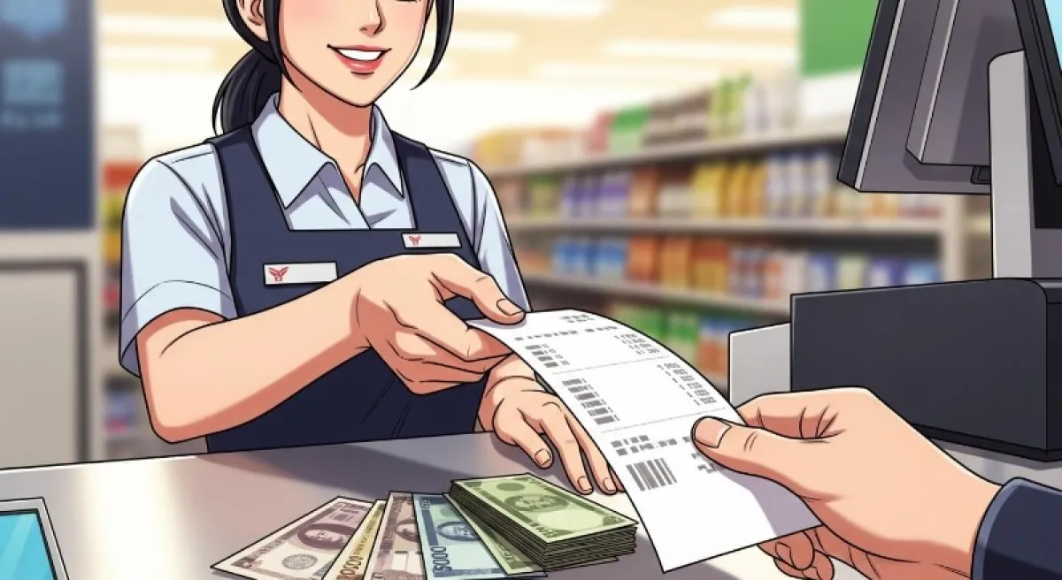 계산대에서 지갑을 열어 돈을 지불하고 영수증과 거스름돈을 받는 장면
