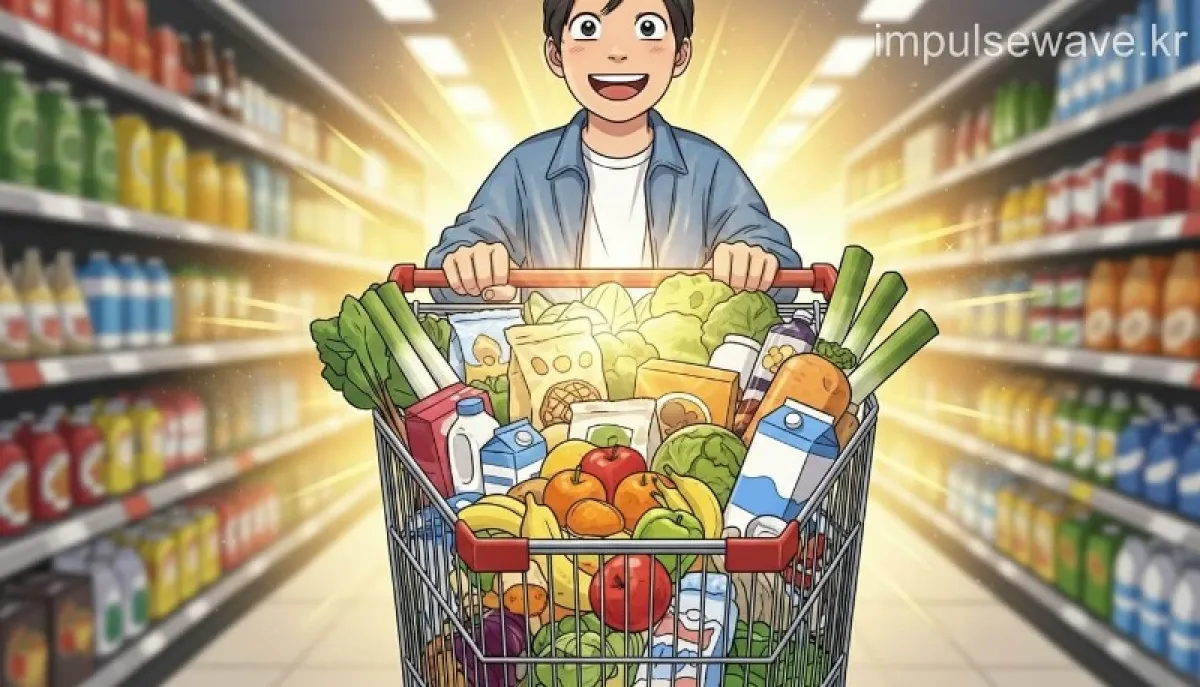 대형 마트 안에서 쇼핑 카트에 물건을 가득 담고 환하게 웃으며 밀고 가는 사람의 모습