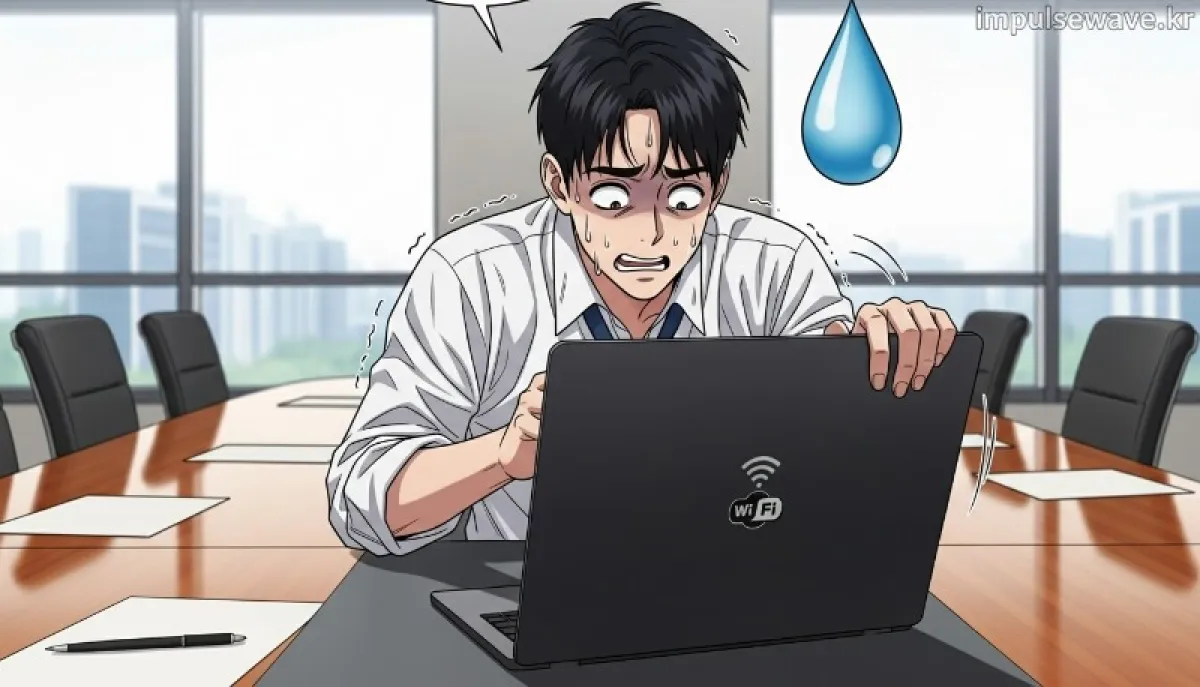 회의실에서 노트북 덮개를 닫았다가 다시 열었을 때 화면이 꺼져 있어 당황하는 직장인의 모습, 끊긴 와이파이 아이콘