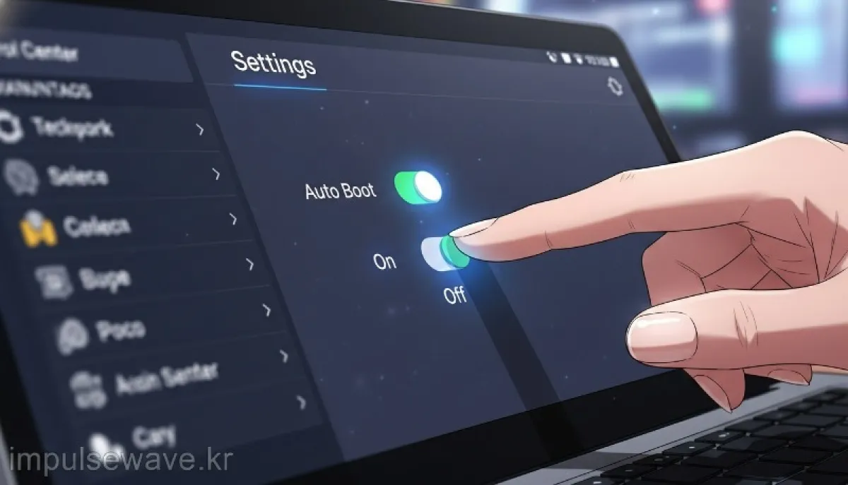 삼성 세팅(Samsung Settings) 앱과 LG 컨트롤 센터 화면에서 자동 부팅(Auto Boot) 스위치를 끄는 모습