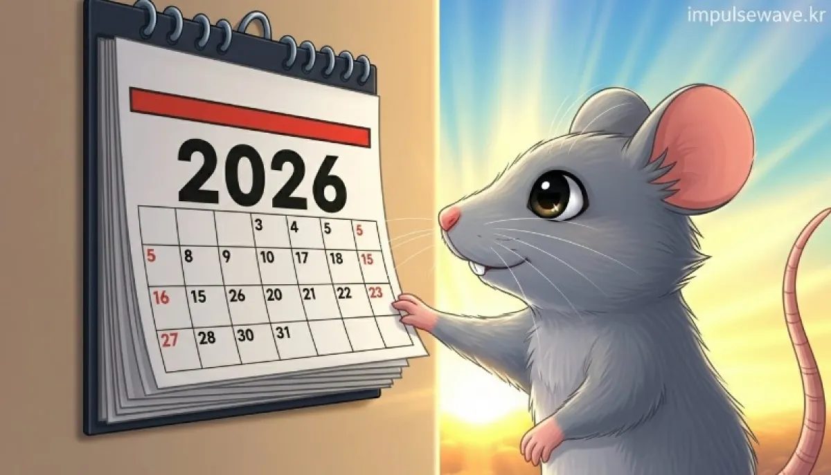 2026년 달력과 귀여운 쥐 캐릭터가 미래를 향해 달려가는 모습, 밝고 희망찬 배경