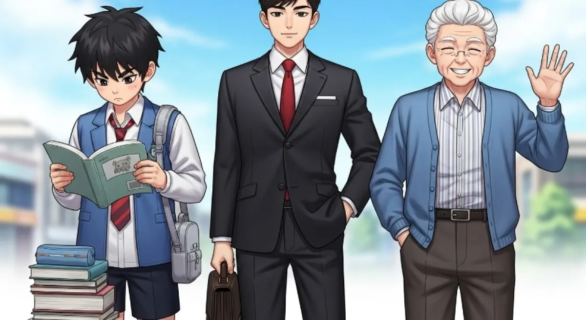 10대 수험생, 30대 직장인, 60대 은퇴자가 각자의 위치에서 활기차게 생활하는 모습의 콜라주