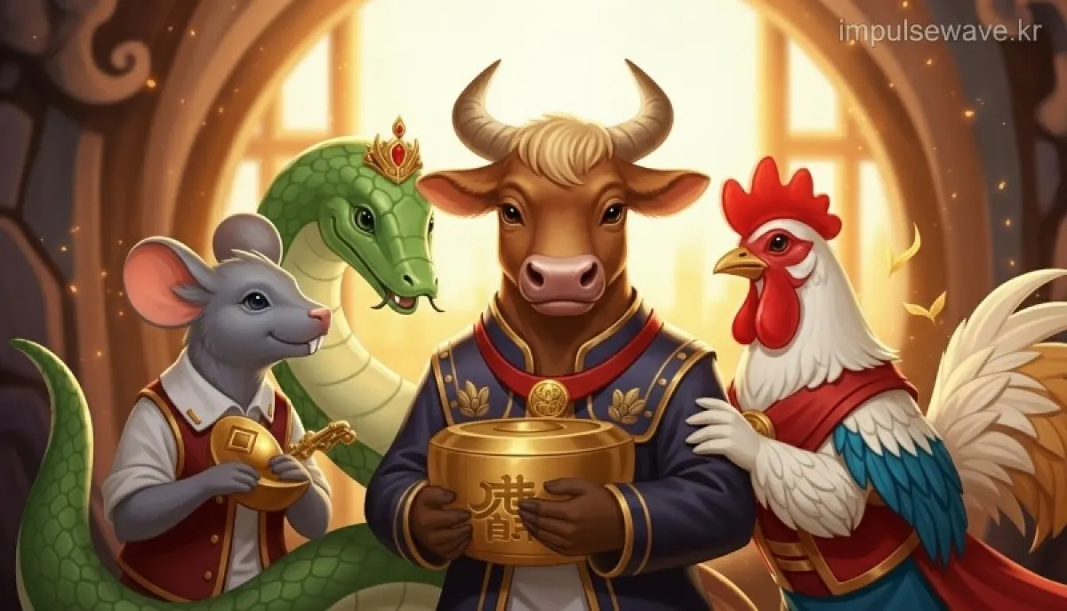 소띠 주변에 쥐, 뱀, 닭 캐릭터가 친구처럼 모여 있는 따뜻하고 행운 가득한 이미지