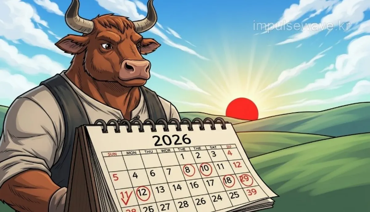 2026년 달력 앞을 듬직하게 걸어가는 소 캐릭터와 붉은 태양, 희망찬 미래를 상징