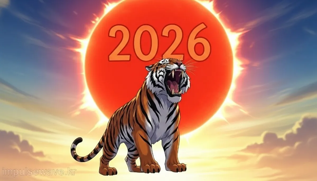 2026년 병오년을 상징하는 붉은 해와 그 아래에서 포효하는 용맹한 호랑이 일러스트