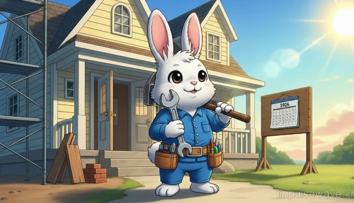 2026년 달력과 함께 귀여운 토끼 캐릭터가 공구를 들고 무언가를 고치고 있는 모습, 희망찬 리모델링