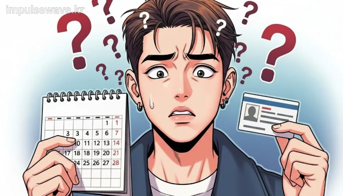 달력과 신분증을 번갈아 보며 자신의 정확한 나이를 계산하느라 혼란스러워하는 사람의 모습