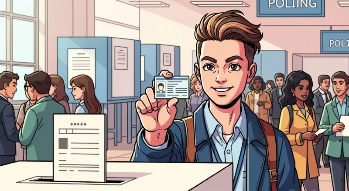 투표소 앞에서 신분증을 제시하며 선거권을 행사하는 만 18세 유권자의 당당한 모습