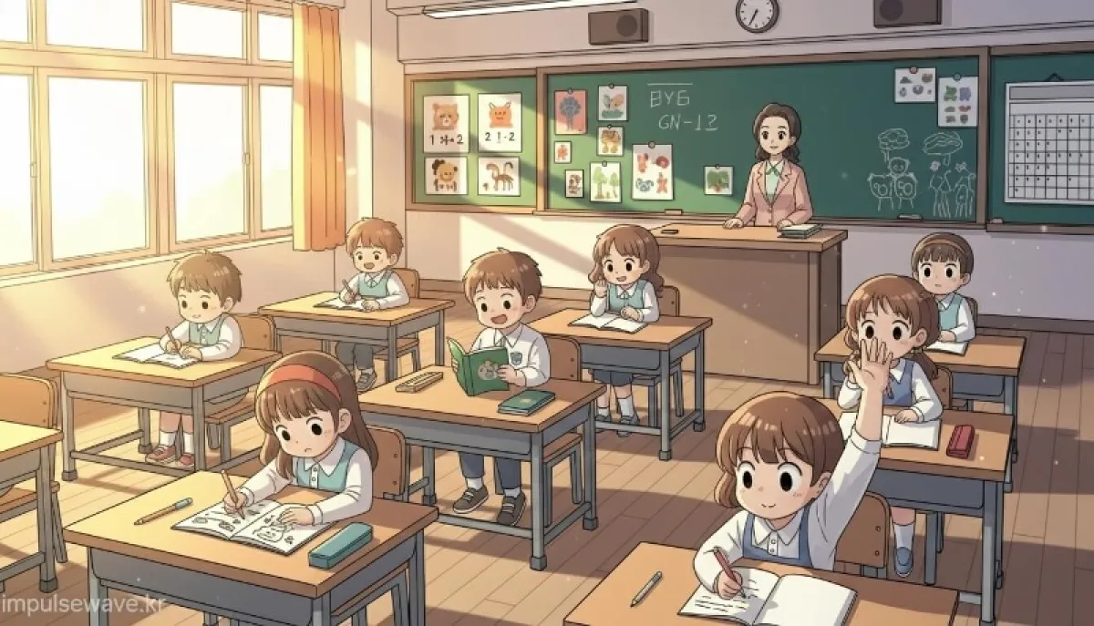 초등학교 교실에 옹기종기 모여 앉아 수업을 듣는 같은 연도 출생 아이들의 모습