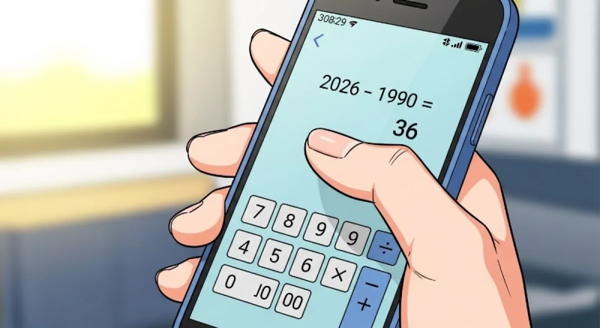 스마트폰 계산기 앱을 켜고 현재 연도에서 출생 연도를 빼는 손가락 동작 클로즈업