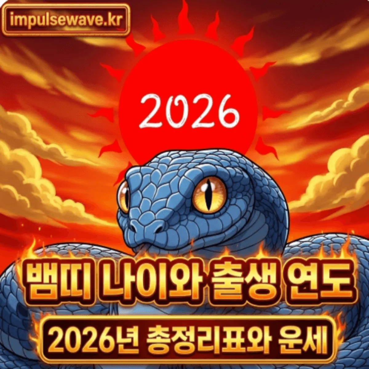 2026년 병오년의 붉은 태양 아래 지혜롭게 똬리를 틀고 있는 푸른 뱀의 신비로운 일러스트