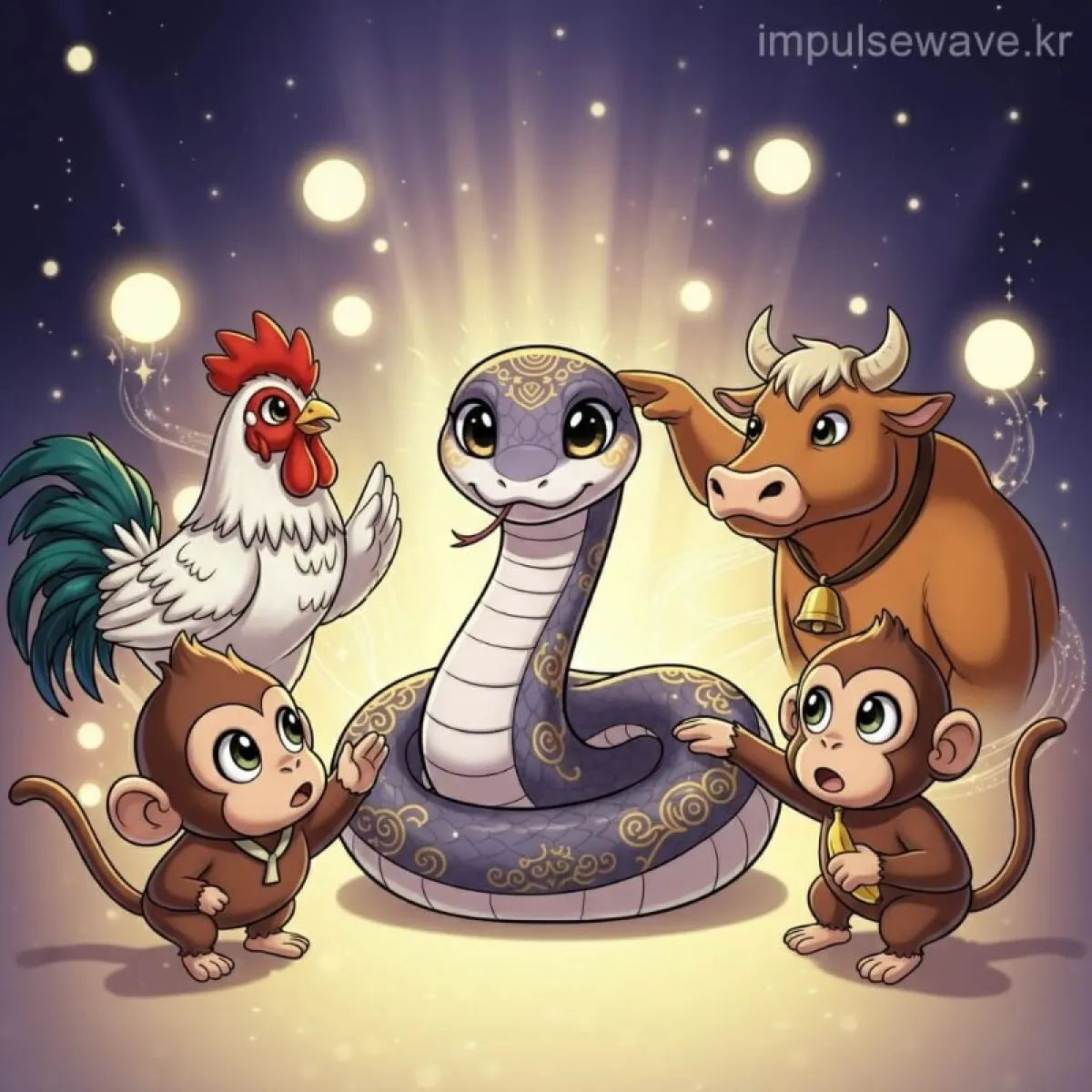 뱀띠 주변에 닭, 소, 원숭이 캐릭터가 친구처럼 어우러져 있는 따뜻하고 행운 가득한 이미지