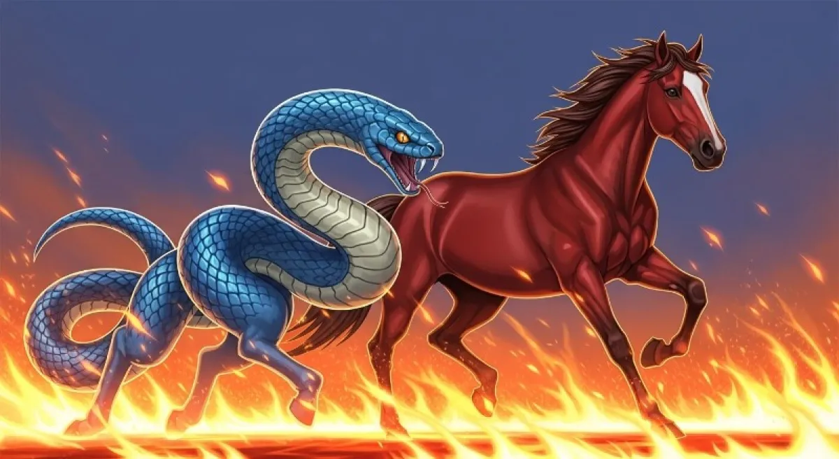 불의 기운을 가진 뱀과 말이 함께 달리는 역동적인 모습, 시너지를 상징하는 붉은 에너지
