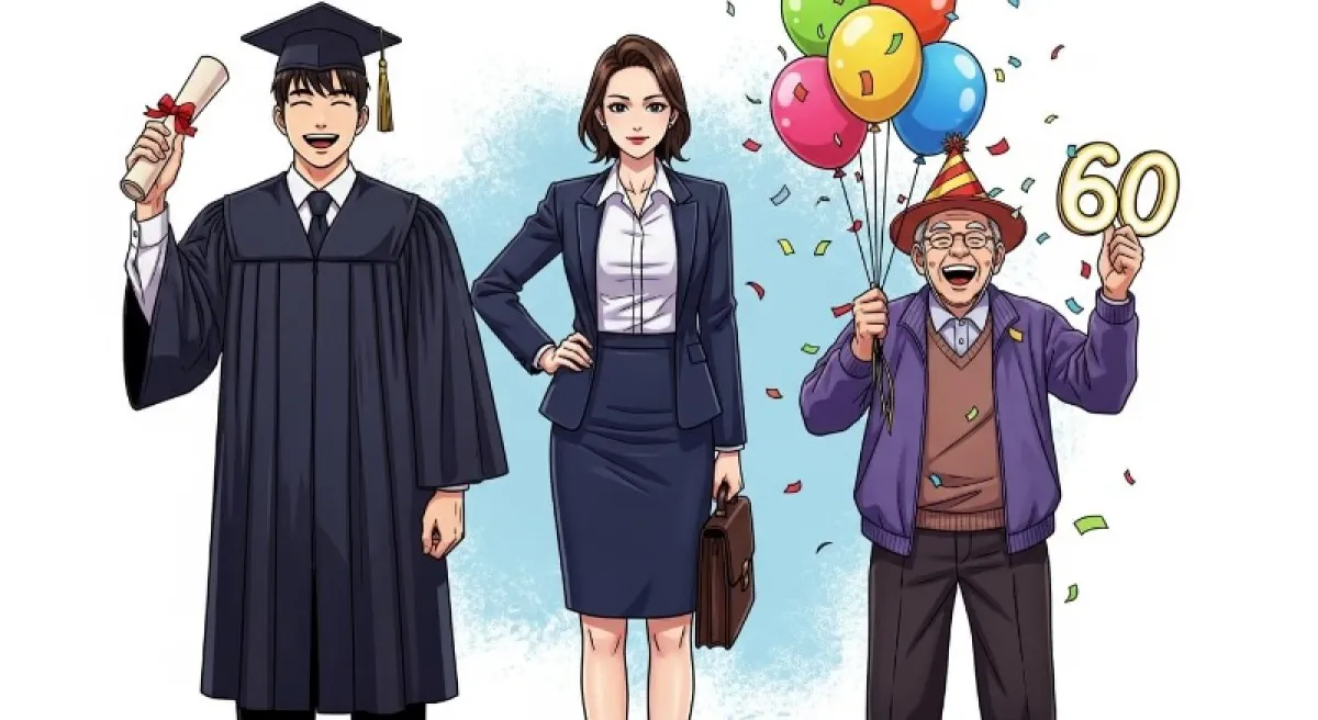 공부하는 10대, 일하는 30대, 노후를 즐기는 60대 등 소띠의 다양한 연령대별 모습을 담은 일러스트