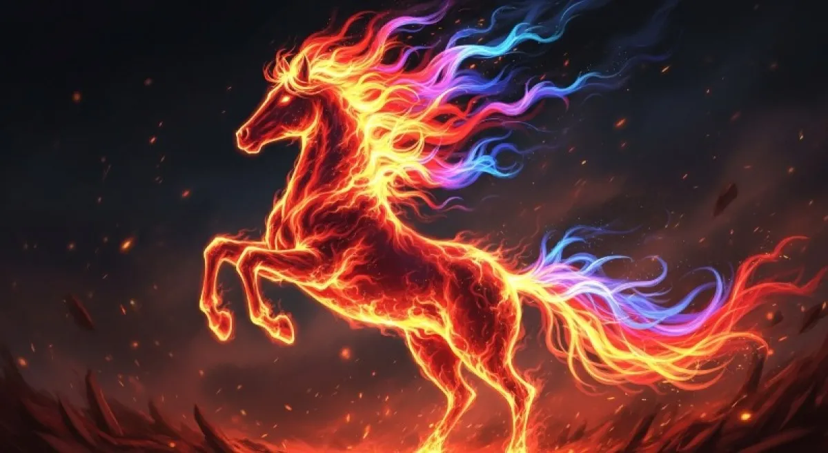 묵묵히 일하는 소와 활기차게 뛰어다니는 붉은 말이 대비되는 모습, 갈등과 조화의 이중성