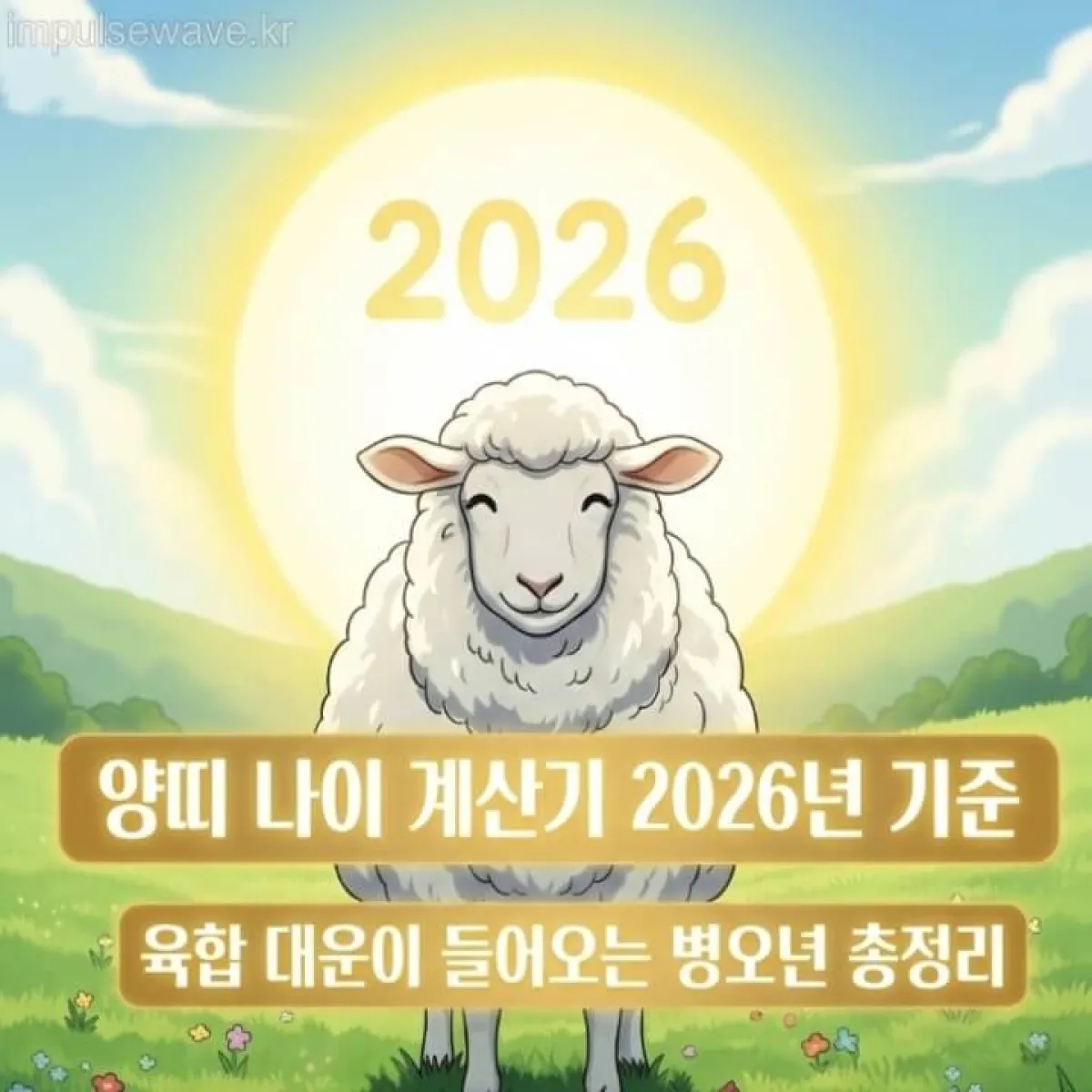 2026년 병오년을 상징하는 붉은 태양과 평화로운 초원 위에서 미소 짓고 있는 하얀 양 일러스트