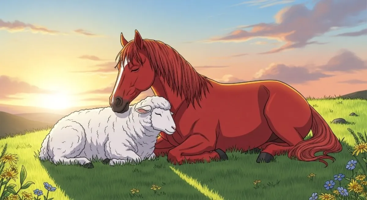 따뜻한 햇살 아래 양과 말이 서로 기대어 있는 다정한 모습, 화합과 안정을 상징