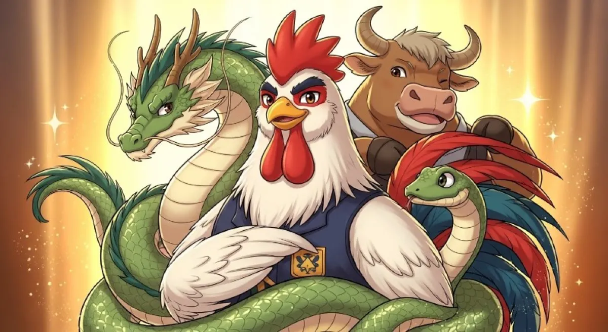 개띠 주변에 말, 호랑이, 토끼 캐릭터가 친구처럼 어우러져 있는 따뜻하고 행운 가득한 이미지