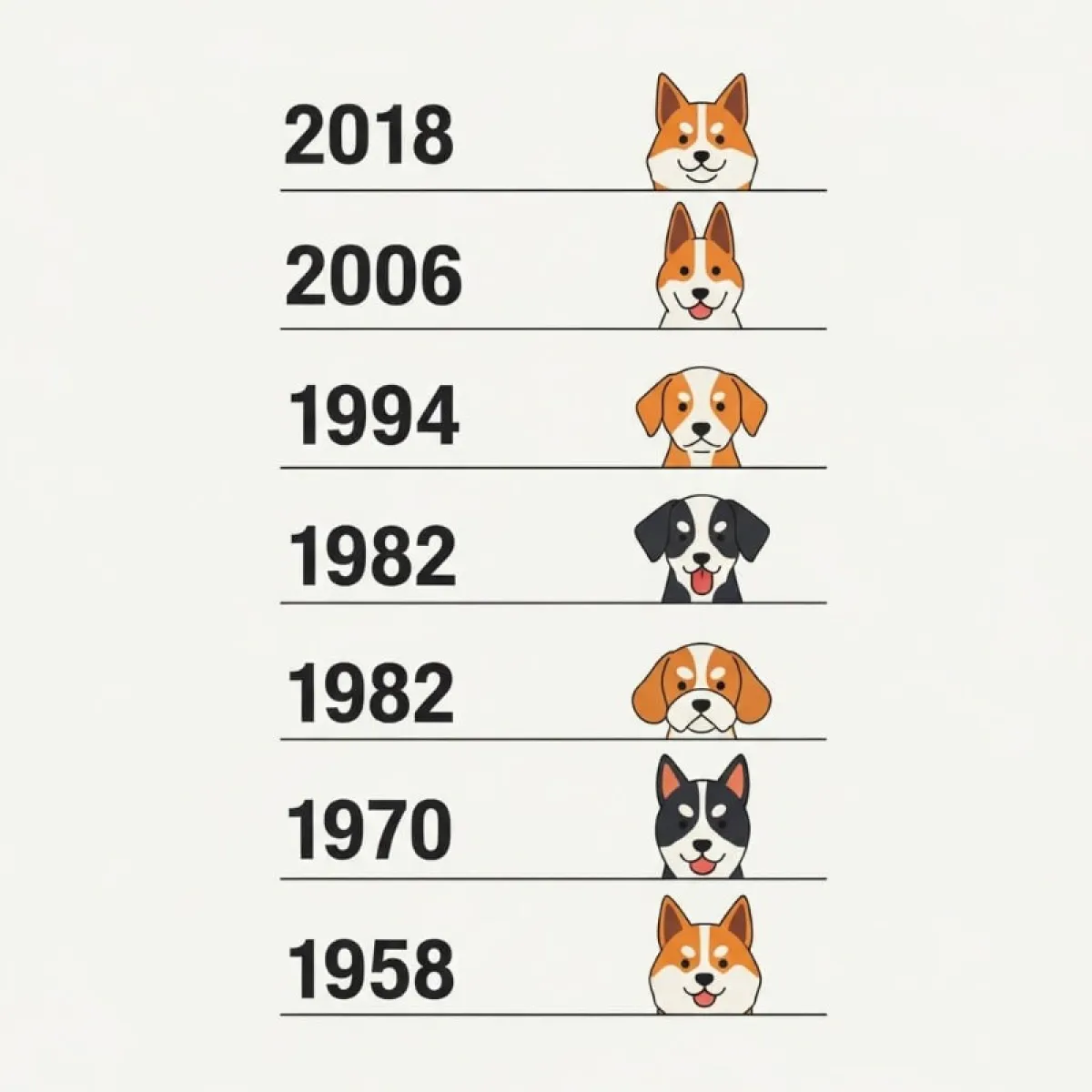 1934년생부터 2018년생까지 개띠의 출생년도와 2026년 기준 나이가 정리된 깔끔한 인포그래픽