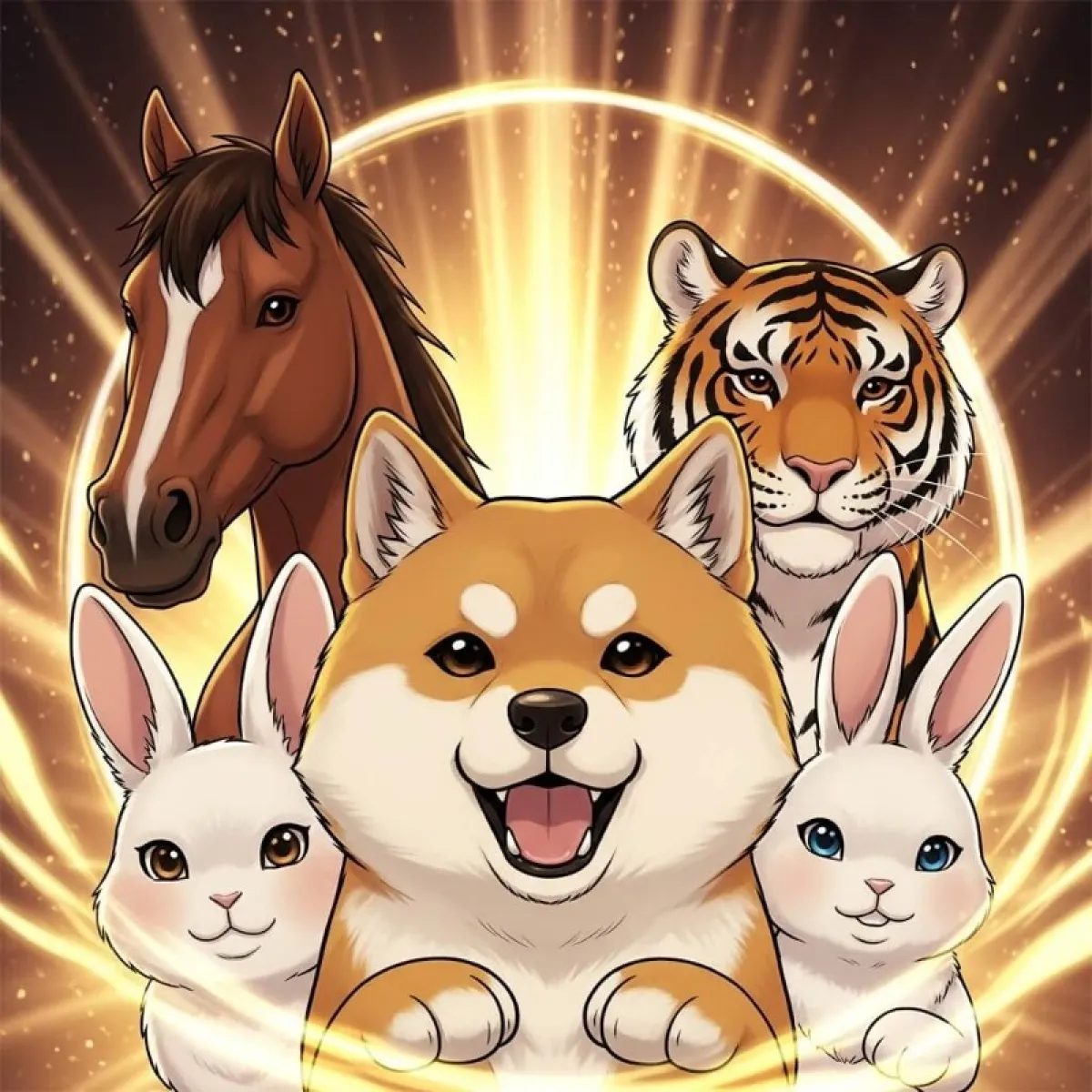 개띠 주변에 말, 호랑이, 토끼 캐릭터가 친구처럼 어우러져 있는 따뜻하고 행운 가득한 이미지