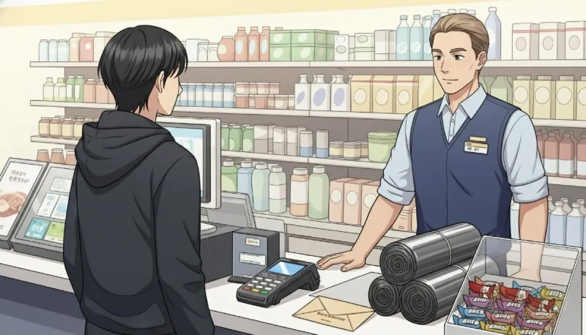 편의점 계산대에서 물건을 산 후 재사용 종량제봉투에 담아가는 사람의 모습