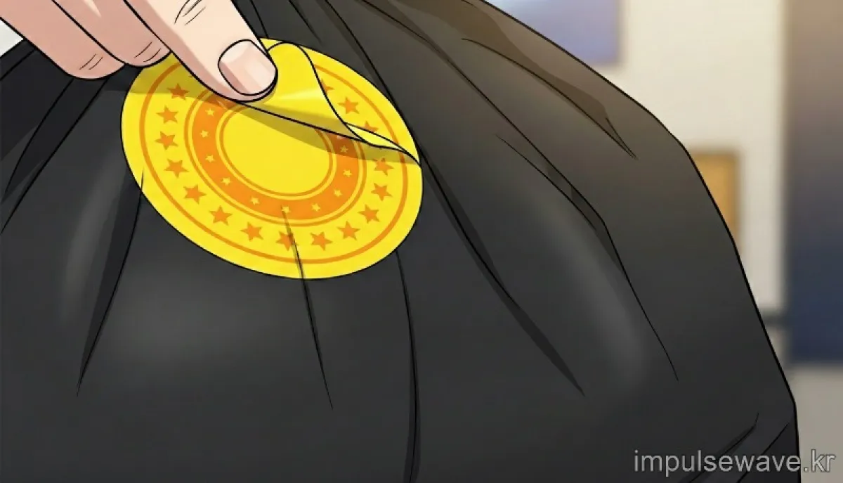 다른 지역 종량제봉투에 주민센터에서 받은 전입자 확인 스티커를 부착하는 손동작