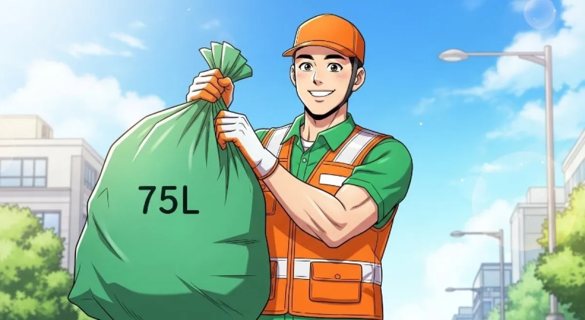 환경 미화원이 75L 봉투를 안전하게 수거하는 모습과 수거 중단된 100L 봉투에 대한 안내 아이콘