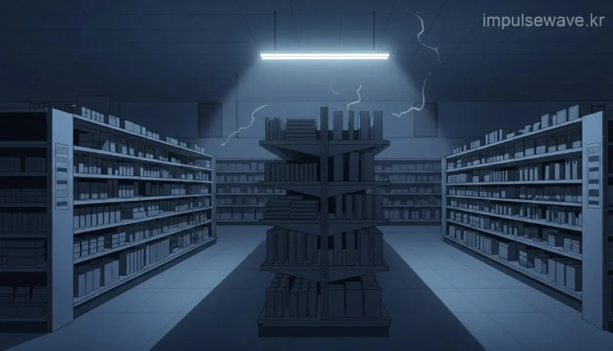 진열대가 텅 비어 있고 어두운 조명이 비치는 차가운 마트 복도의 풍경, 주의 신호