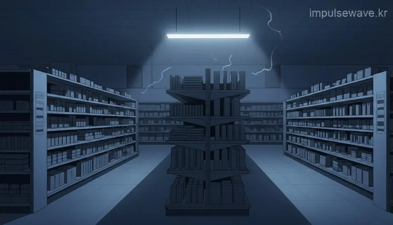 진열대가 텅 비어 있고 어두운 조명이 비치는 차가운 마트 복도의 풍경, 주의 신호