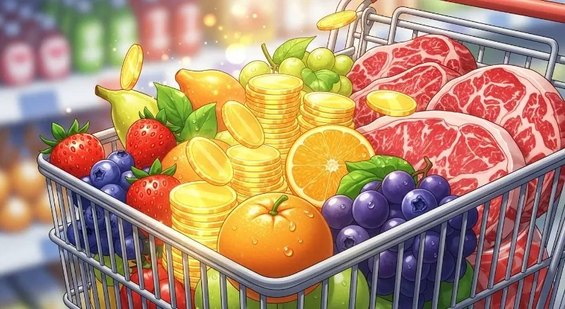 마트 카트 안에 금은보화와 신선한 과일, 고기가 넘치도록 가득 차 있는 풍요로운 모습