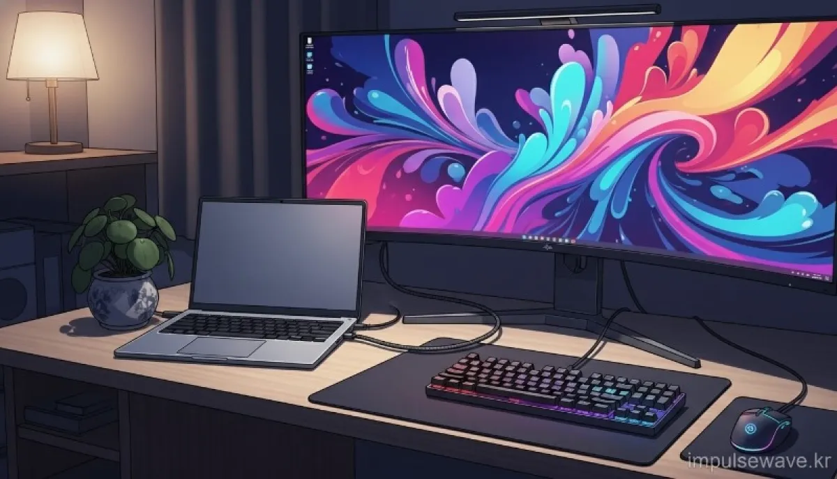 노트북 덮개를 닫은 채로 외부 모니터와 키보드를 연결해 데스크톱처럼 사용하는 클램쉘 모드 설정 샷