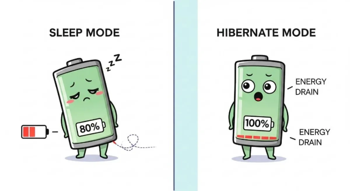 절전 모드와 최대 절전 모드의 배터리 소모량과 부팅 속도를 비교하는 인포그래픽 차트