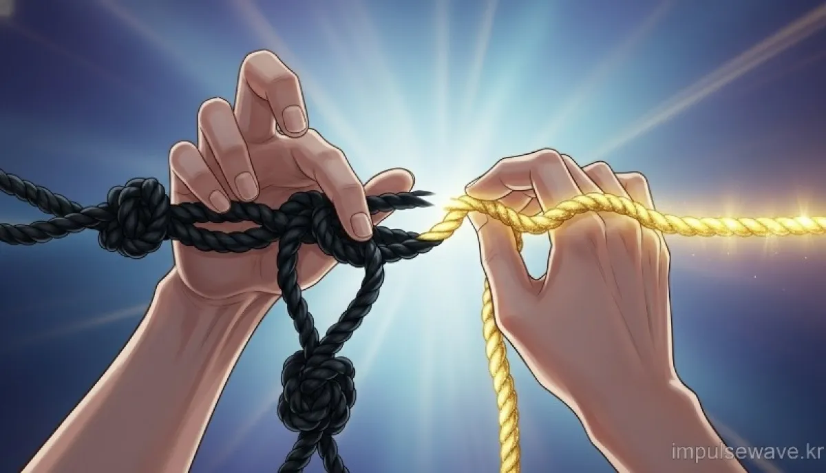 복잡한 실타래(가지급금)를 풀고 있는 손과 깔끔하게 정리된 장부, 성공적인 재무 관리 상징