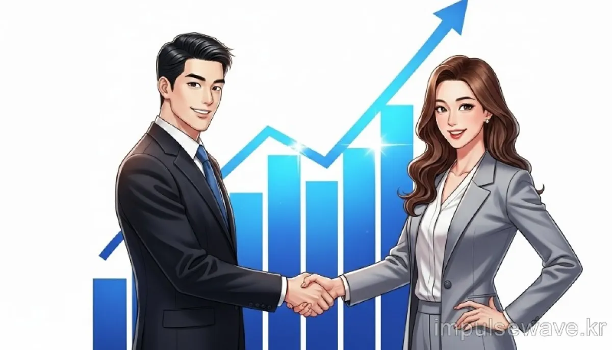 우상향하는 주가 그래프 앞에서 환하게 웃으며 악수하는 비즈니스 파트너들의 모습