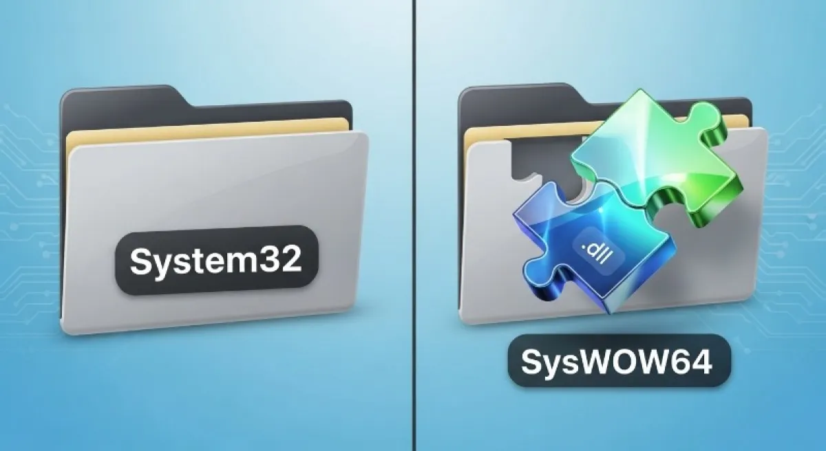 윈도우 탐색기에서 System32 폴더와 SysWOW64 폴더를 비교하며 파일을 넣는 경로 안내 인포그래픽