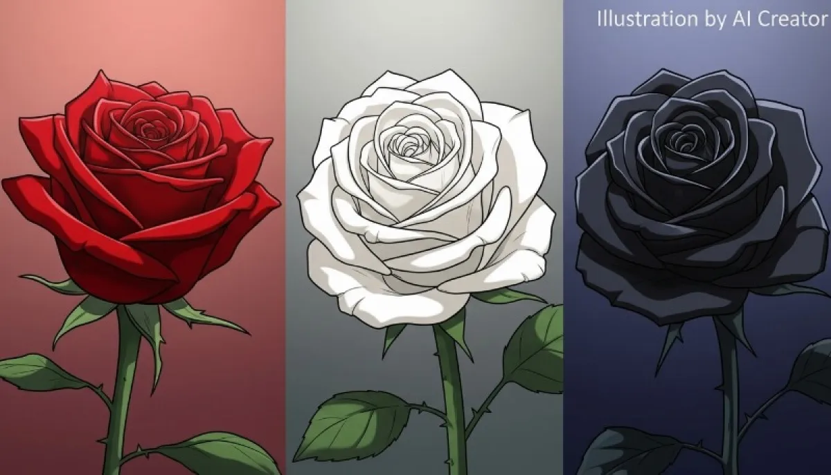 빨간 장미, 하얀 장미, 흑장미가 나란히 놓여 있는 이미지, 색깔 대비 강조