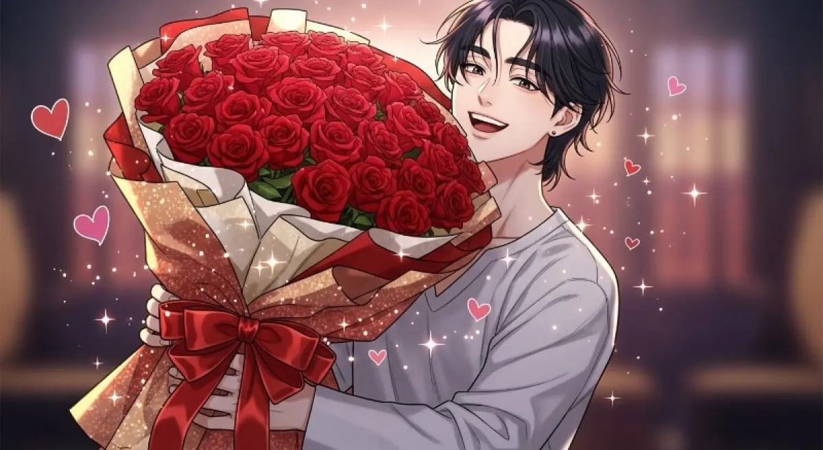 행복한 표정으로 커다란 장미 꽃다발을 선물 받고 기뻐하는 사람의 모습