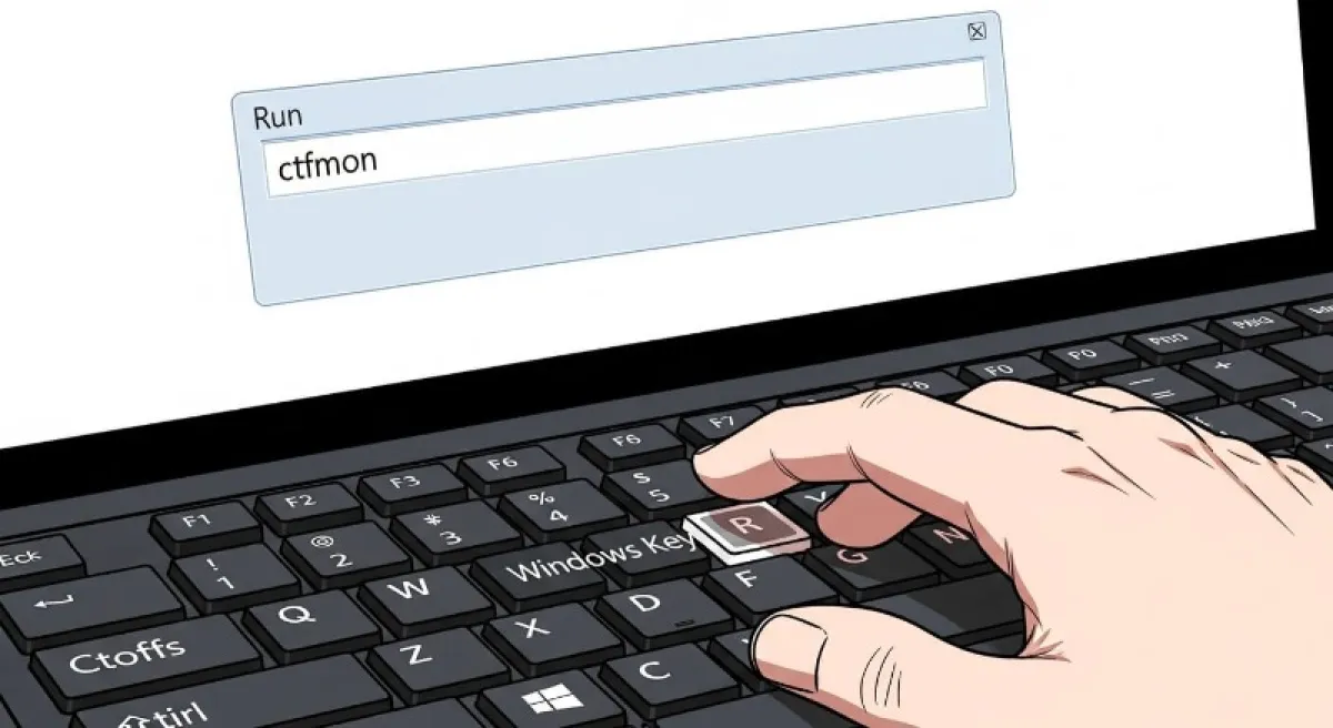 윈도우 실행 창(Run)에 ctfmon 명령어를 입력하는 화면과 키보드 단축키 안내