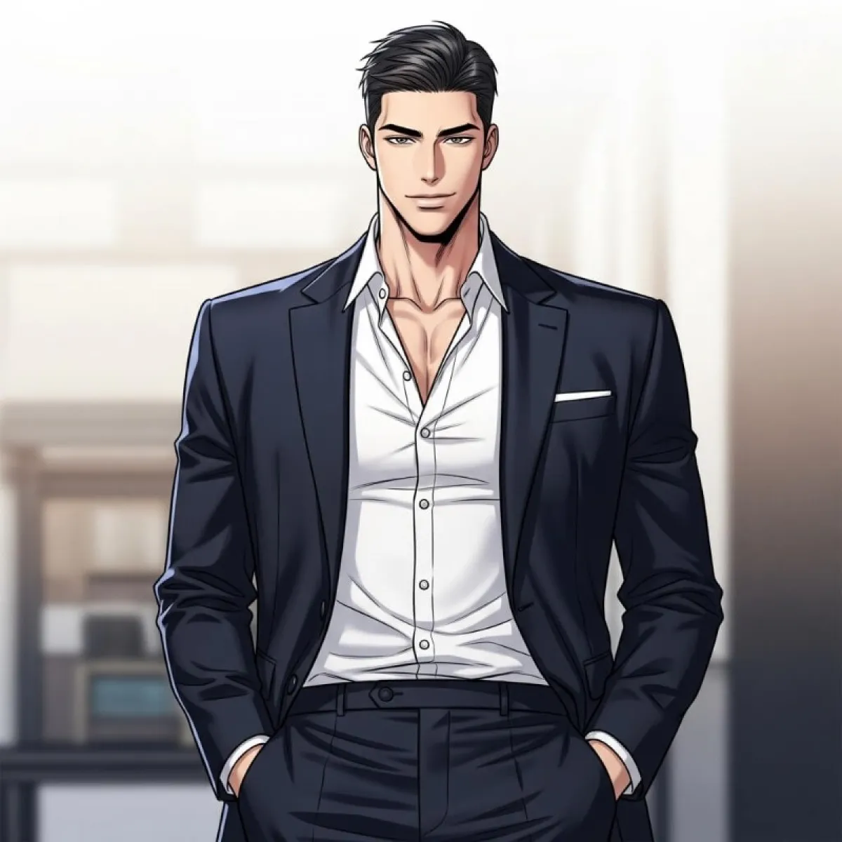 다크 네이비 수트를 입고 넥타이를 맨 남성과 세미 정장을 입은 남성의 깔끔한 모습