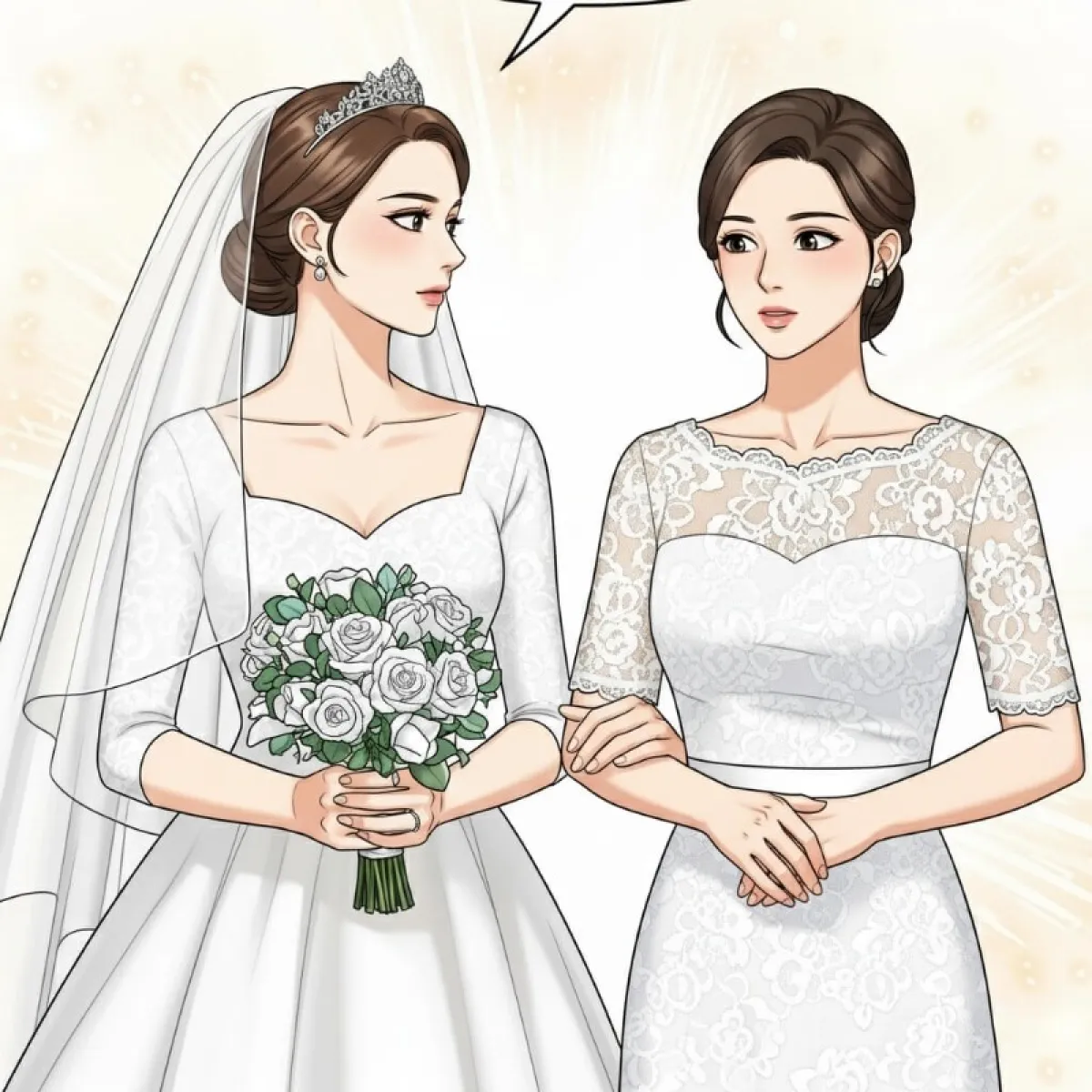 신부 옆에 흰색 원피스를 입은 하객이 서 있는 모습에 X 표시가 되어 있는 금지 예시 이미지