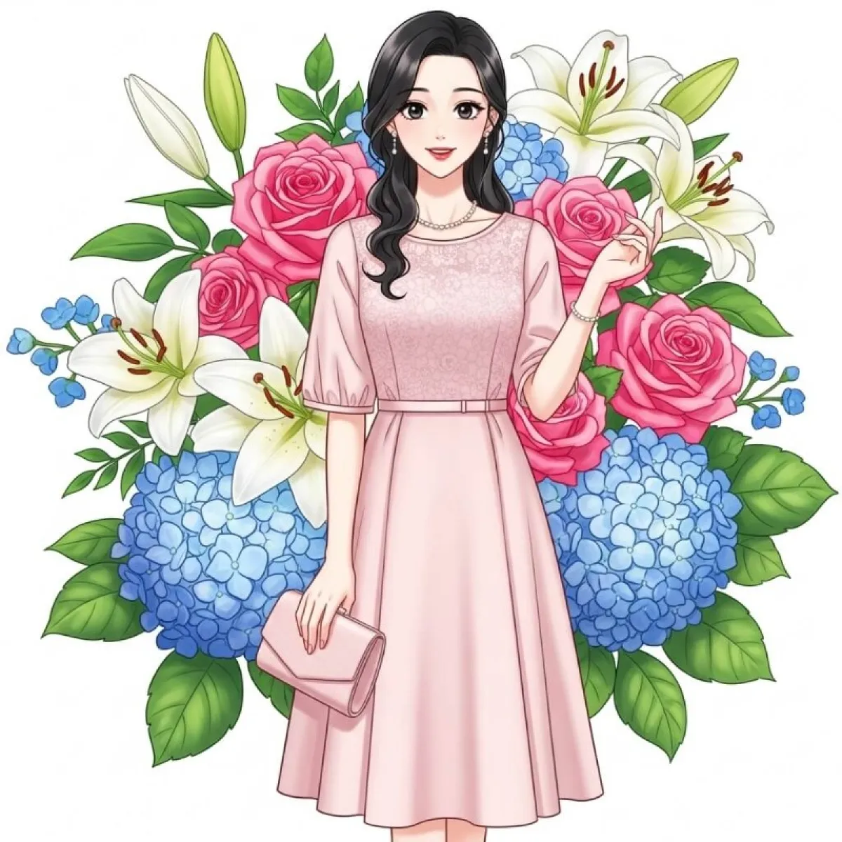 파스텔 톤의 우아한 원피스와 트위드 재킷을 입은 여성 하객의 세련된 코디 예시