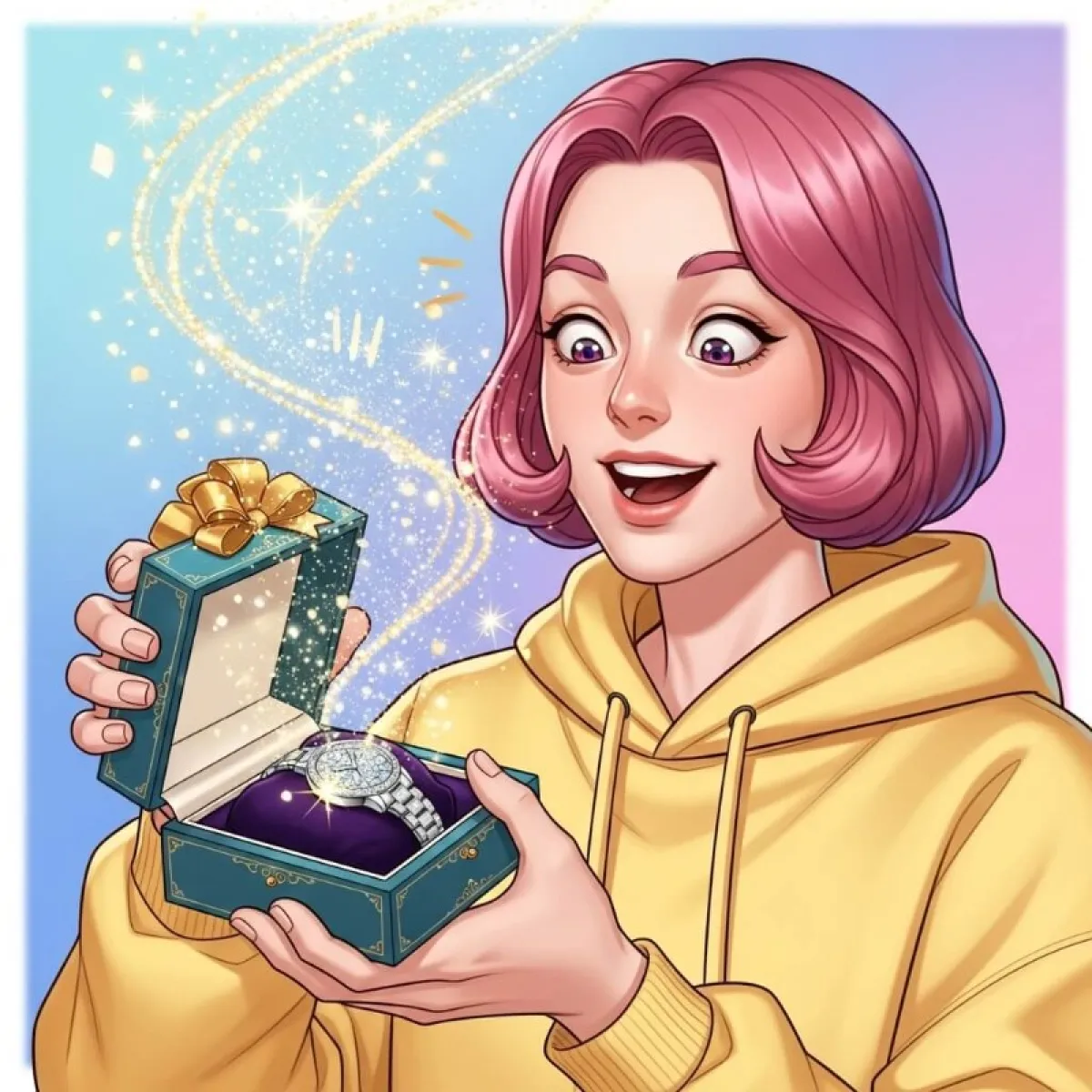 선물 상자를 열었더니 반짝이는 명품 시계가 들어있어 기뻐하는 사람의 모습