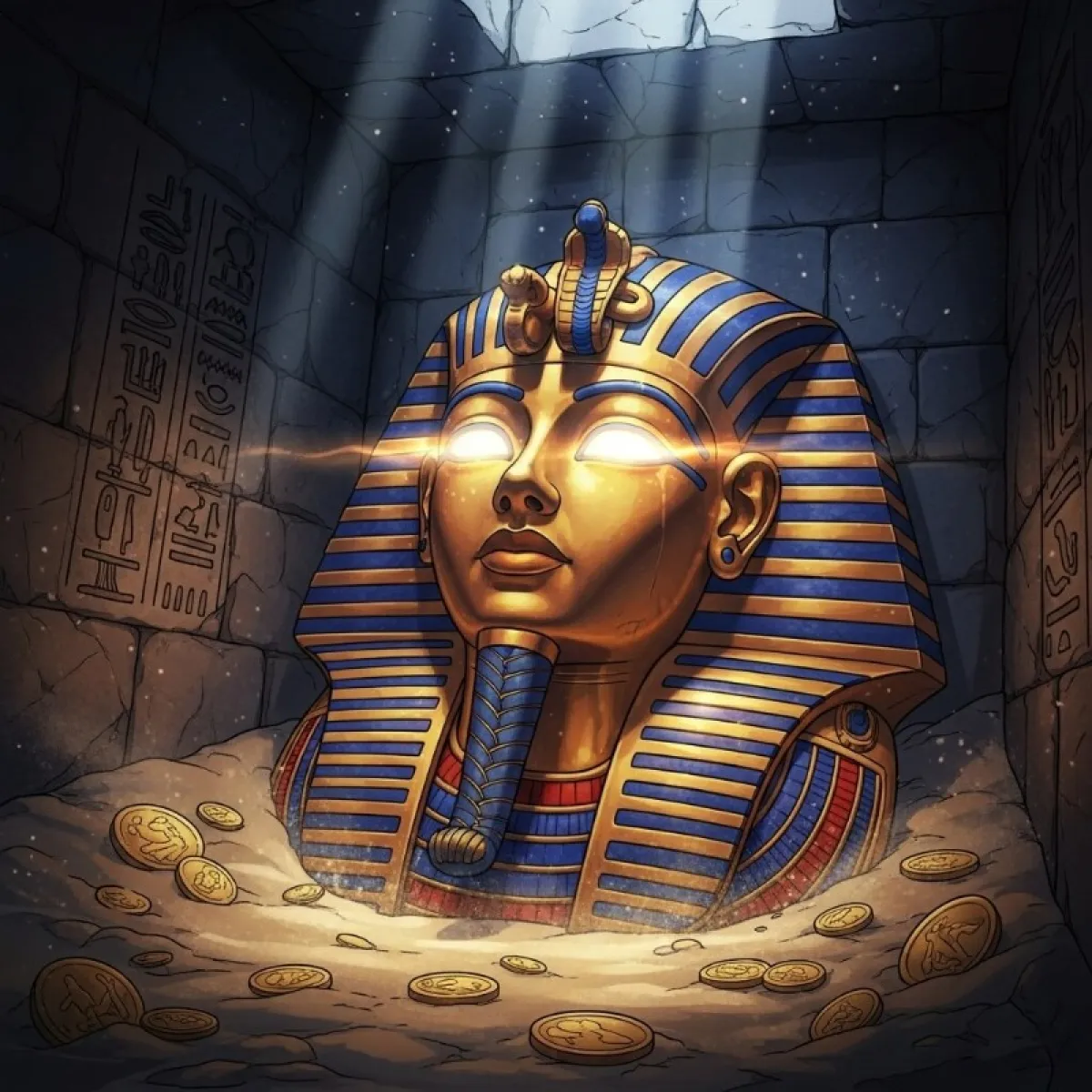 고대 이집트 투탕카멘의 황금 마스크와 고대 금화들이 신비롭게 전시된 박물관 느낌의 이미지