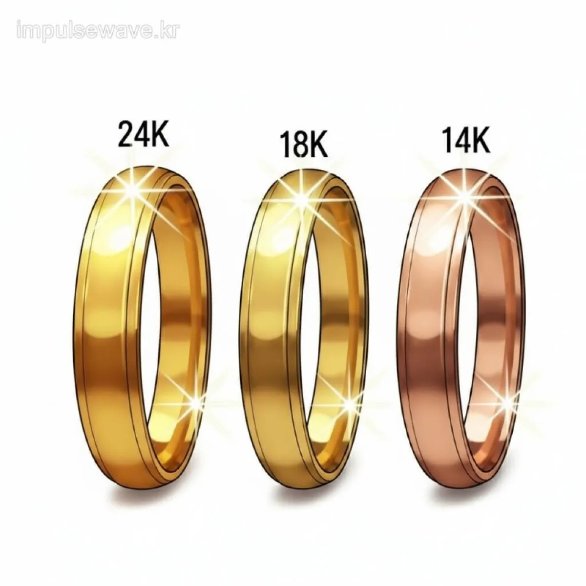 24K 순금 덩어리와 18K, 14K 주얼리를 나란히 놓고 색상과 광택의 차이를 비교한 이미지