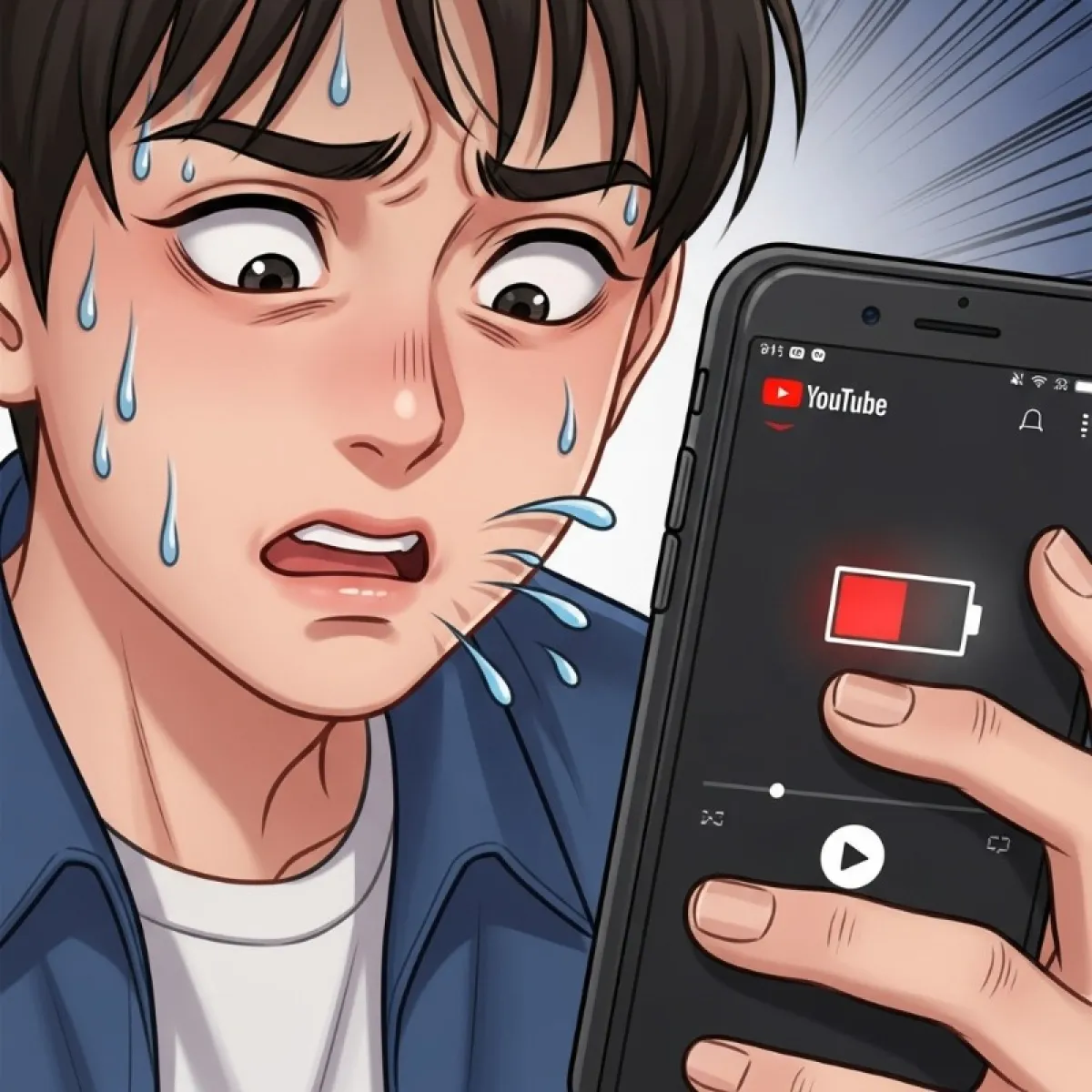 스마트폰 배터리가 부족해 빨간 불이 들어온 상황에서 화면을 끄고 이어폰으로 음악을 듣는 모습