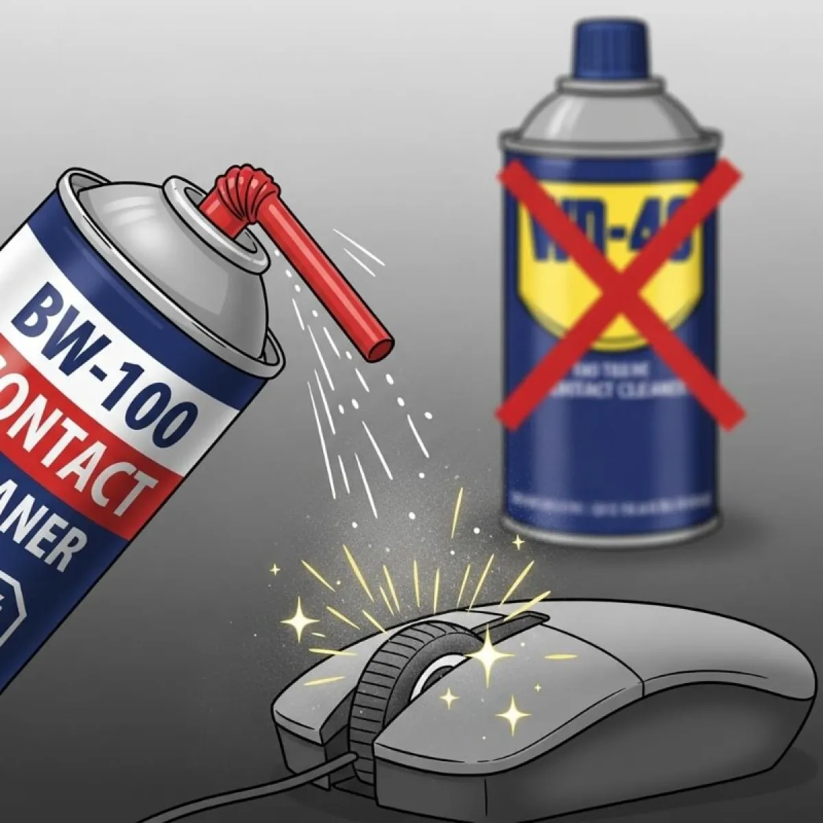 BW-100 제품 사진과 마우스 휠에 분사하는 모습, WD-40 금지 표시