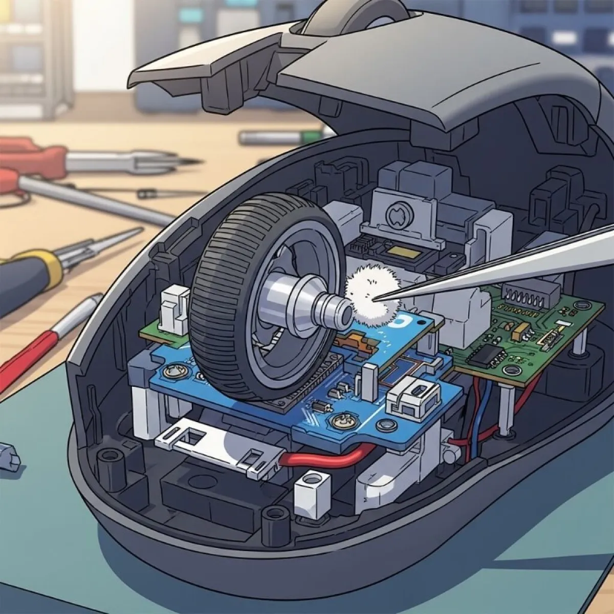 마우스를 분해하여 내부의 휠 인코더 부품을 드러내고 핀셋으로 먼지를 제거하는 장면